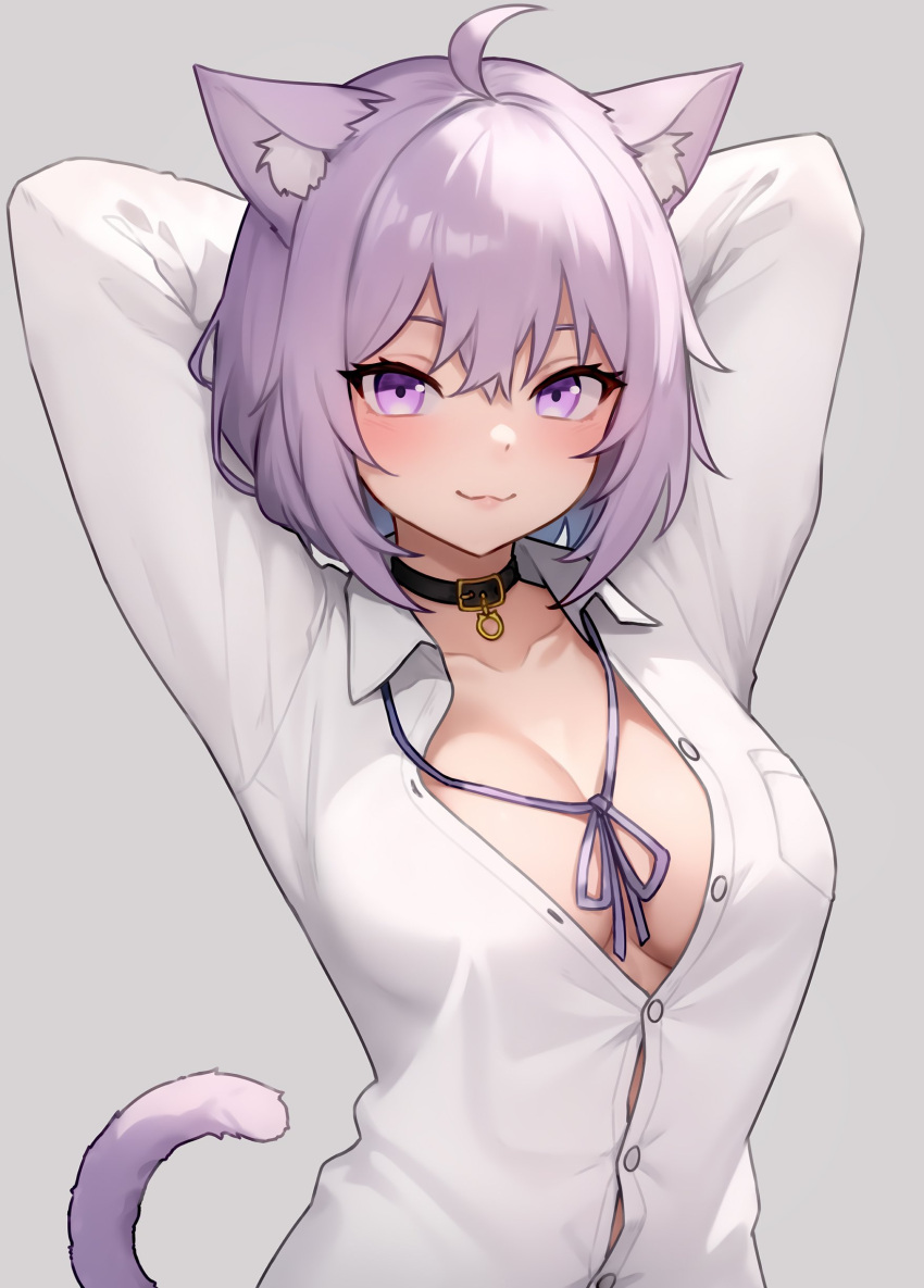 1girl :3 absurdres ahoge animal_collar animal_ear_fluff animal_ears arms_behind_head arms_up black_collar bluefield blush breast_pocket breasts cat_ears cat_girl cat_tail cleavage closed_mouth collar collarbone collared_shirt crossed_bangs grey_background hair_between_eyes highres hololive large_breasts long_sleeves looking_at_viewer loose_neck_ribbon neck_ribbon nekomata_okayu nekomata_okayu_(4th_costume) o-ring_collar official_alternate_costume partially_unbuttoned pocket purple_eyes purple_hair purple_ribbon ribbon shirt short_hair simple_background smile solo tail upper_body virtual_youtuber white_shirt