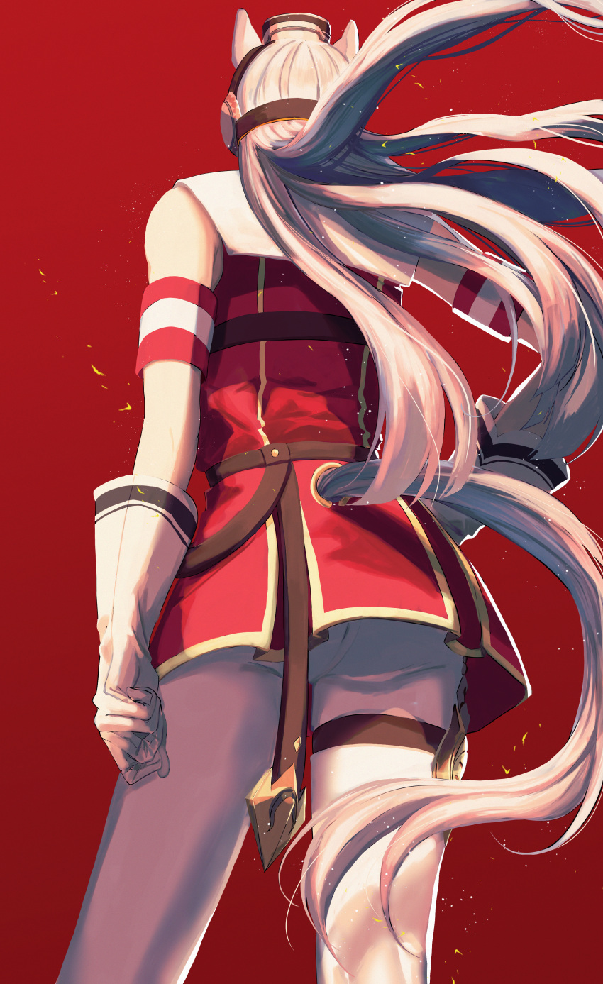 1girl absurdres animal_ears ass clenched_hand commentary_request dress endo_(knye07) floating_hair from_behind gloves gold_ship_(umamusume) grey_hair hand_on_own_hip hat highres horse_ears horse_girl horse_tail long_hair pantyhose pillbox_hat pleated_skirt red_armband red_background red_dress skirt solo standing tail tail_through_clothes umamusume white_armband white_gloves white_pantyhose