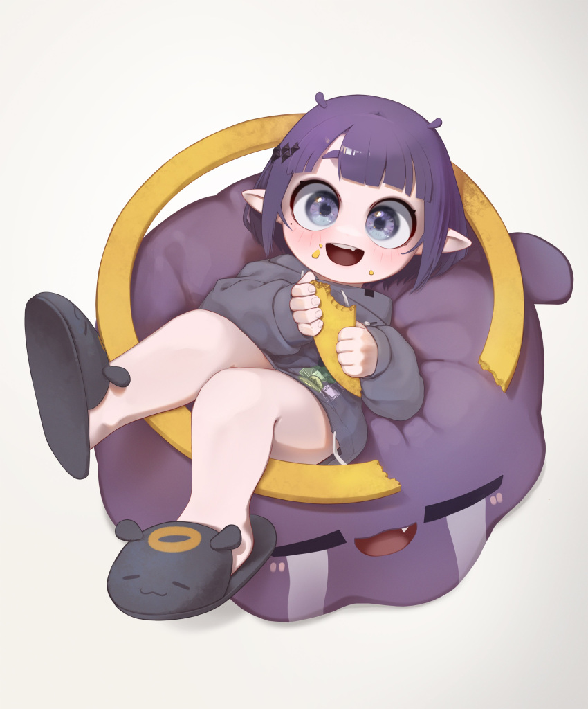 absurdres appleblossomtea bean_bag_chair blue_eyes blunt_bangs blush broken_halo eating food grey_hoodie halo highres holding holding_food hololive hololive_english hood hoodie looking_at_viewer ninomae_ina'nis ninomae_ina'nis_(5th_costume) open_mouth pointy_ears sitting slippers smile tagme takodachi_(ninomae_ina'nis) virtual_youtuber white_background