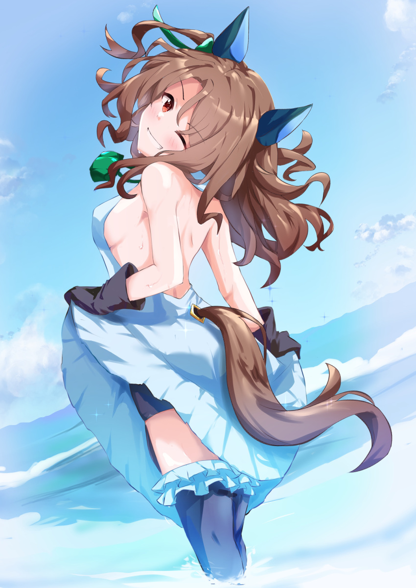 1girl absurdres animal_ears bare_shoulders black_gloves black_thighhighs blue_sky breasts brown_hair cowboy_shot dress ear_covers gloves highres horse_ears horse_girl horse_tail king_halo_(umamusume) lifted_by_self red_eyes sanami_(sanami_t_38) sky smile solo tail teeth thighhighs umamusume wavy_hair white_dress