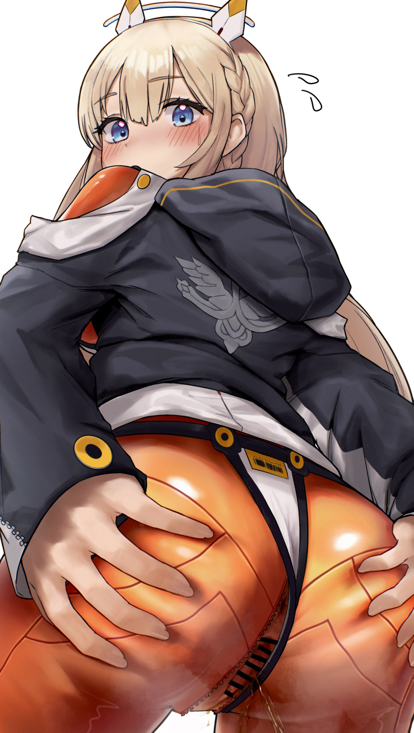 absurdres anus ass ass_grab bar_censor bikini bikini_bottom_only bikini_over_clothes blonde_hair blue_eyes blush bodysuit braid breasts censored clothing_cutout from_behind goddess_of_victory:_nikke grabbing_own_ass grey_jacket hair_between_eyes headgear highres hood hood_down hooded_jacket jacket large_breasts long_hair looking_at_viewer multicolored_clothes multicolored_jacket o_o_k_i_n_a orange_bodysuit partially_unzipped pee peeing pussy shoulder_cutout sidelocks simple_background skin_tight standing swimsuit tove_(nikke) two-tone_jacket white_background white_jacket zipper