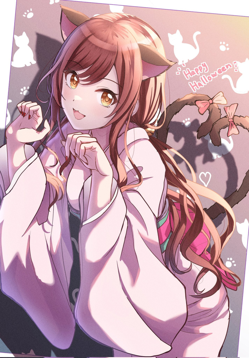 1girl :3 animal_ears blush cat_ears cat_tail citrusmikan extra_ears halloween_costume highres idolmaster idolmaster_shiny_colors japanese_clothes kimono leaning_forward long_hair long_sleeves looking_at_viewer low_twintails multiple_tails nail_polish nekomata obi official_alternate_costume official_alternate_hairstyle open_mouth osaki_amana paw_pose pink_kimono red_hair red_nails ribbon sash smile solo swept_bangs tail tail_ornament tail_ribbon twintails two_tails wide_sleeves yellow_eyes