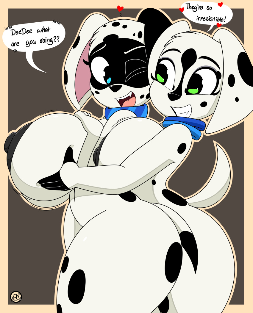 101_dalmatian_street 101_dalmatians 2023 absurd_res anthro areola big_breasts blue_eyes breast_grab breasts canid canine canis dalmatian dee_dee_(101_dalmatians) dialogue digital_media_(artwork) disney dizzy_(101_dalmatians) domestic_dog duo english_text female female/female green_eyes hand_on_breast hi_res huge_breasts mammal nipples nr_ac one_eye_closed open_mouth sibling_(lore) simple_background sister_(lore) sisters_(lore) smile speech_bubble spots tail text thick_thighs