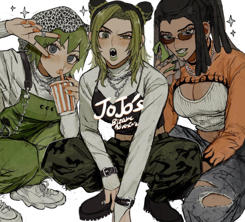 3girls black_footwear black_hair black_nails blush boots breasts cleavage closed_mouth crop_top cup dark-skinned_female dark_skin drinking drinking_straw ermes_costello fangs foo_fighters green_eyes green_hair green_lips green_overalls grey_eyes highres holding holding_cup jewelry jojo_no_kimyou_na_bouken kujo_jolyne large_breasts lipstick makeup multiple_girls neg_50asu orange_nails parted_lips ring shoes short_hair sneakers stone_ocean sunglasses teeth v white_footwear