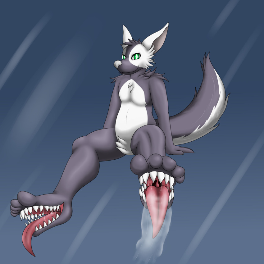 2021 anthro bodily_fluids bow_(bowhuskers) canid canine canis crotch_tuft fluffylatios foot_fetish foot_mouth fur green_eyes grey_body grey_fur hi_res male mammal open_mouth saliva simple_background smile solo tuft wolf