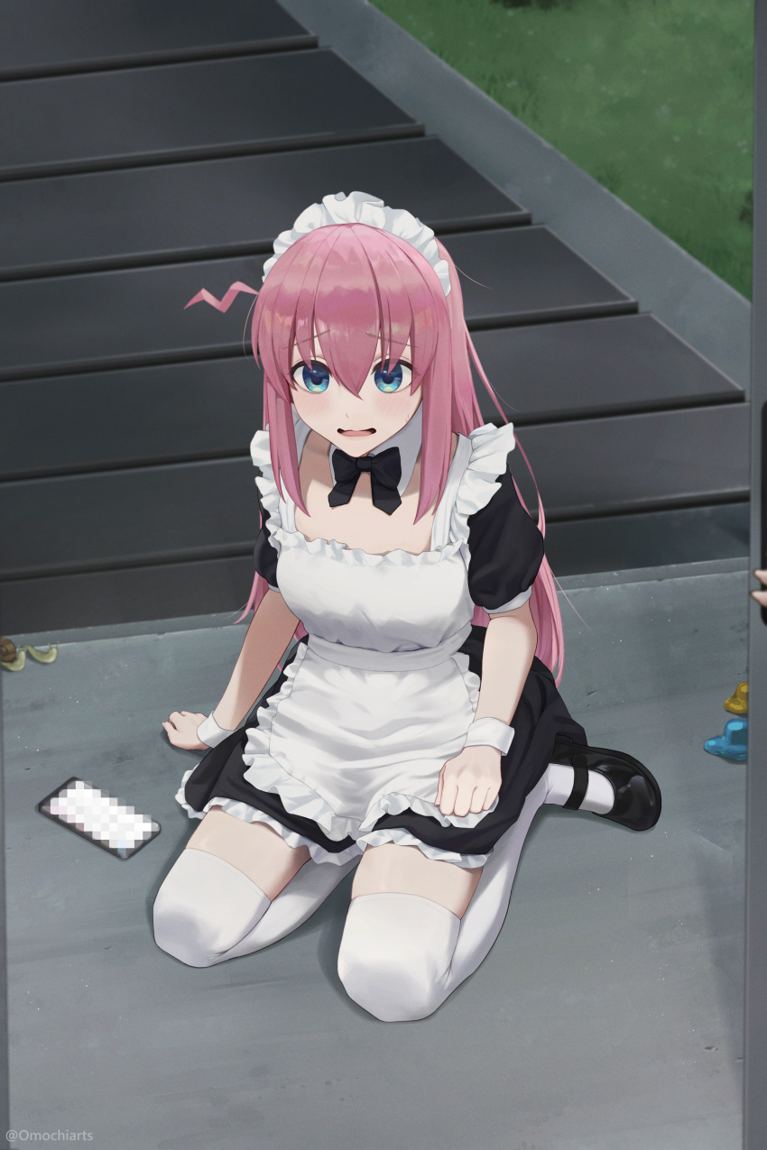 1girl absurdres alternate_costume apron black_dress black_footwear blue_eyes bocchi_the_rock! cellphone censored commentary_request cube_hair_ornament dress enmaided full_body gotou_hitori grass hair_between_eyes hair_ornament hair_ornament_removed hair_over_eyes highres long_hair maid maid_apron maid_headdress mary_janes mosaic_censoring omochiarts one_side_up open_mouth outdoors phone pink_hair puffy_short_sleeves puffy_sleeves shoes short_sleeves sitting smartphone solo stairs thighhighs white_apron white_thighhighs wrist_cuffs