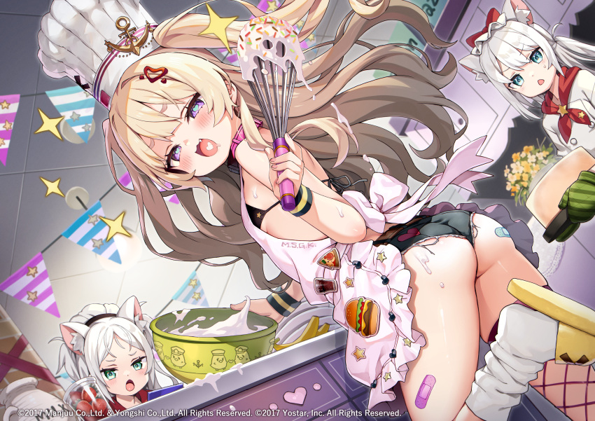 3girls animal_ear_fluff animal_ears apron aqua_eyes ayaoshiro azur_lane bache_(azur_lane) bandaid bandaid_on_ass bandaid_on_leg black_bra blonde_hair blush bra cat_ears chef_hat collar commentary_request cooking copyright_name fishnet_thighhighs fishnets hammann_(azur_lane) hat heart heart-shaped_pupils highres holding holding_whisk indoors leg_up long_hair looking_at_another looking_at_viewer micro_shorts multiple_girls official_art open_mouth pink_apron pink_collar purple_eyes shorts sims_(azur_lane) single_thighhigh slippers smile socks symbol-shaped_pupils thighhighs underwear whisk white_hair white_headwear white_socks