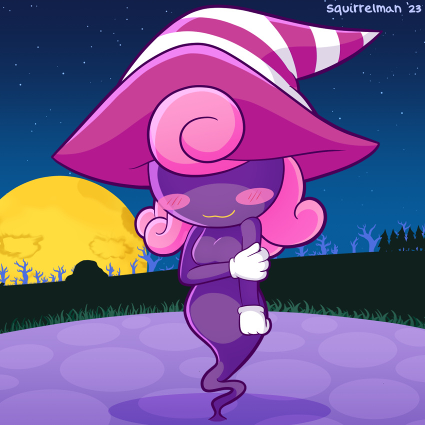 bashful blush blush_lines boulder breasts clothing curled_hair digital_media_(artwork) eyeless female flat_chested forest full_moon ghost gloves grass hair handwear hat headgear headwear hi_res holding_arm humanoid magic_user mario_bros moon mostly_nude night nintendo not_furry outside paper_mario paper_mario:_the_thousand_year_door pink_hair plant purple_body purple_skin rock shadow_creature shadow_siren shy silhouette silhouette_background sky small_breasts smile solo spirit squirrelman star starry_sky timid tree vivian_(mario) witch witch_hat