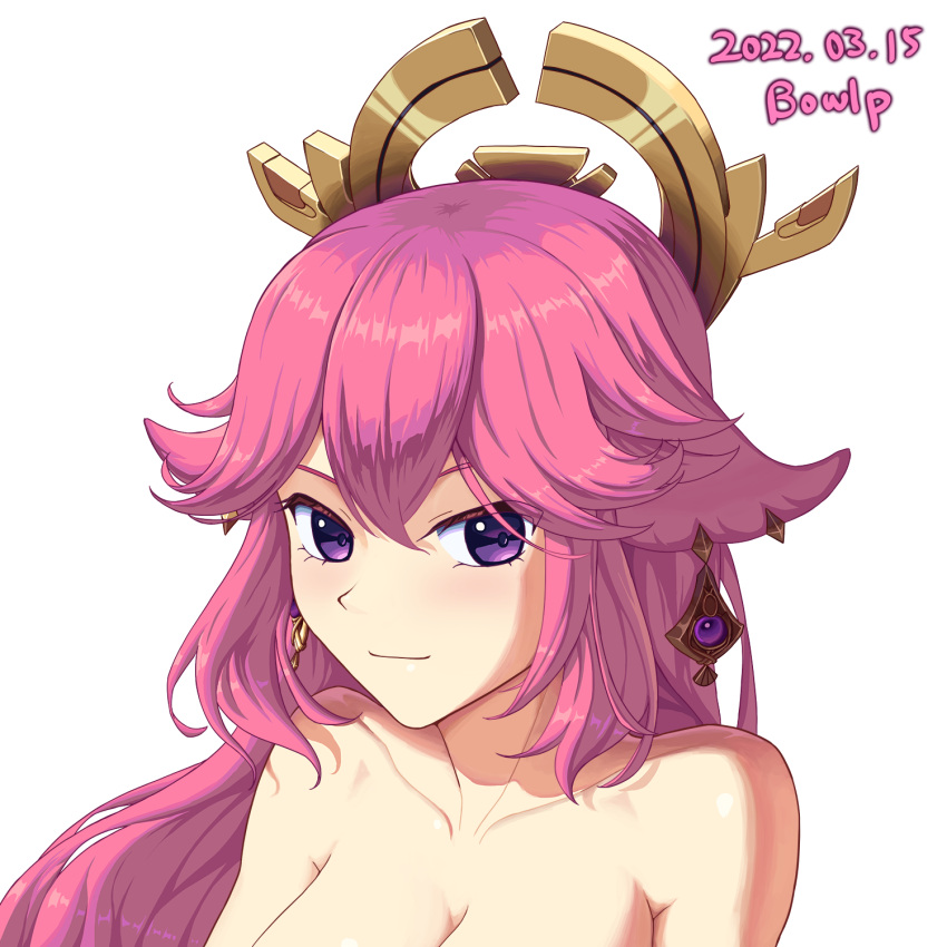 1girl animal_ears artist_name blush bowlp breasts collarbone commentary_request dated fox_ears genshin_impact highres long_hair looking_at_viewer nude pink_hair portrait purple_eyes signature simple_background smile solo white_background yae_miko