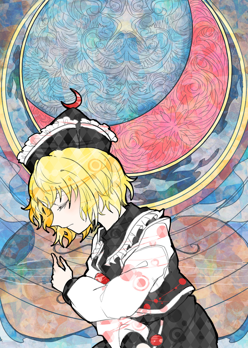 1girl black_headwear black_skirt black_vest blonde_hair closed_eyes closed_mouth cloud crescent frilled_hat frills from_side hat highres instrument itomugi-kun long_sleeves lunasa_prismriver moon night night_sky outdoors shirt short_hair skirt sky solo stained_glass star_(symbol) touhou upper_body vest violin white_shirt