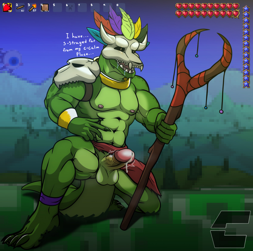 2023 abs anthro areola balls biceps biped bodily_fluids bone bottomwear bottomwear_aside clothing clothing_aside dialogue digital_media_(artwork) english_text erection eye_of_cthulhu_(terraria) feathers foreskin genital_fluids genitals glans green_body green_skin gui hi_res holding_object holding_weapon humanoid_genitalia humanoid_penis lihzahrd loincloth loincloth_aside male mask microsoft minecraft mojang muscular muscular_anthro muscular_male muscular_thighs navel nega_threuy nipples non-mammal_balls non-mammal_nipples on_one_leg open_mouth pecs penis precum quads reptile retracted_foreskin scalie skull skull_mask solo standing talking_to_viewer teeth terraria text thick_thighs throbbing_penis tongue weapon witch_doctor_(terraria) xbox_game_studios