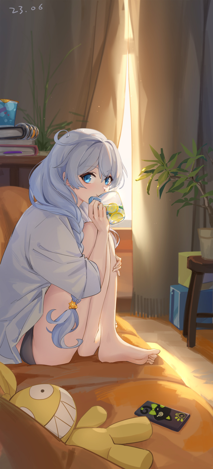 1girl absurdres bare_legs barefoot black_panties blue_eyes braid braided_ponytail cellphone commentary_request cup curtains day doll drinking ejieaa feet food fruit hair_between_eyes highres holding holding_cup honkai_(series) honkai_impact_3rd indoors kiana_kaslana knees_to_chest knees_up legs lemon lemon_slice looking_at_viewer morning no_pants panties phone plant potted_plant revision shirt sidelocks smartphone solo thighs toes underwear white_hair white_shirt