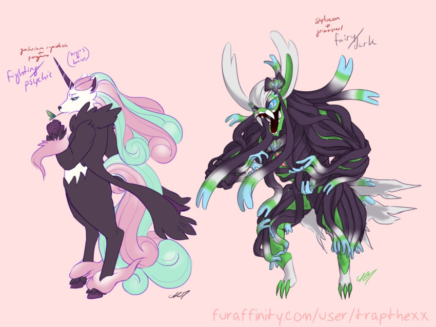 anthro bow_ribbon claws duo eeveelution fangs fist fluffy fluffy_hair fluffy_tail fusion galarian_form galarian_rapidash generation_1_pokemon generation_6_pokemon generation_8_pokemon grimmsnarl hair hooves hybrid long_ears long_hair male nintendo pangoro pokemon pokemon_(species) pokemon_fusion raised_arm raised_fist rapidash regional_form_(pokemon) ribbons sourmagic sylveon tail teeth