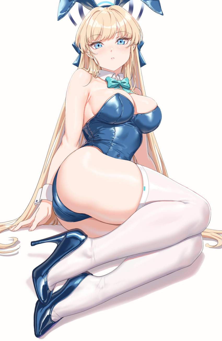 1girl animal_ears ass bare_shoulders blonde_hair blue_archive blue_bow blue_eyes blue_hairband blue_leotard bow bowtie braid breasts detached_collar fake_animal_ears fangxiang_cuoluan full_body hairband halo high_heels highleg highleg_leotard highres leotard long_hair medium_breasts official_alternate_costume official_alternate_hairstyle playboy_bunny rabbit_ears solo thighhighs thighs toki_(blue_archive) toki_(bunny)_(blue_archive) very_long_hair white_thighhighs wrist_cuffs