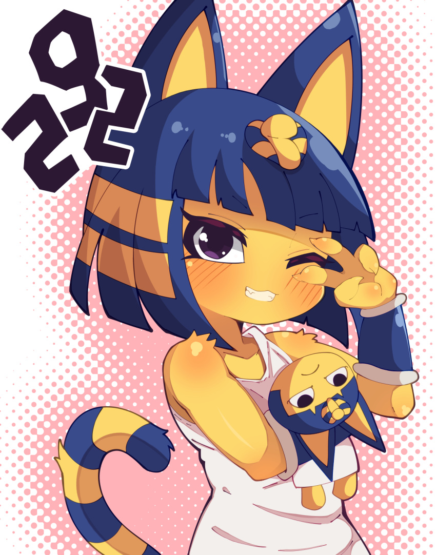 animal_crossing ankha_(animal_crossing) anthro biped blue_body blue_fur blue_hair blush clothed clothing domestic_cat felid feline felis female frown fur hair hi_res himimi japanese_text looking_at_viewer mammal multicolored_body nintendo one_eye_closed plushie simple_background smile solo text yellow_body yellow_fur