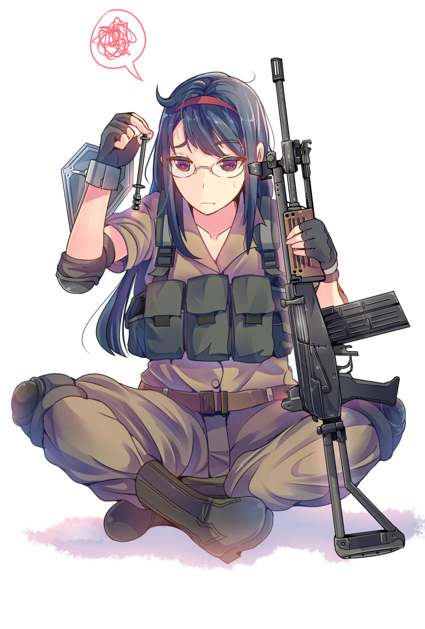 1girl absurdres ammunition_pouch arm_shield assault_rifle bad_id bad_twitter_id battle_rifle belt belt_buckle bipod black_gloves blue_hair boots brown_belt brown_pants brown_shirt buckle buttons chest_rig closed_mouth collarbone collared_shirt crossed_ankles daito dark_blue_hair elbow_pads fatigues fingerless_gloves flip-up_sight folding_stock frown full_body gloves green_footwear gun hairband highres holding holding_gun holding_weapon imi_galil long_hair looking_at_object military_uniform open_collar original pants pants_tucked_in parted_hair pouch purple_eyes red_hairband rifle semi-rimless_eyewear shadow shield shirt shirt_tucked_in short_sleeves simple_background sitting solo speech_bubble spoken_squiggle squiggle swept_bangs third-party_source tsurime uniform weapon white_background