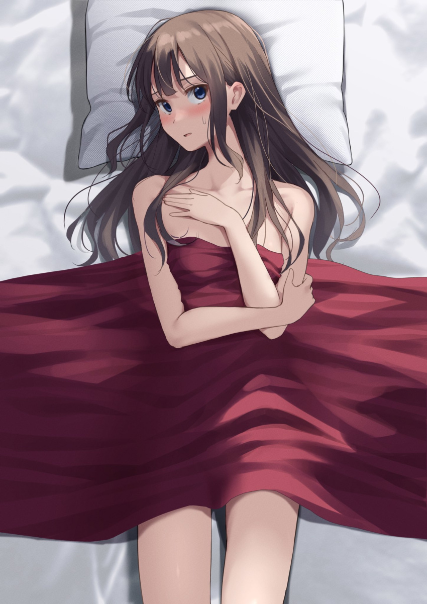 1girl bed_sheet blanket blue_eyes blush breasts brown_hair check_commentary commentary_request from_above hand_on_own_chest highres holding_own_arm kiona_(giraffe_kiona) long_hair looking_at_viewer lying messy_hair naked_sheet on_back original parted_lips pillow small_breasts solo sweatdrop under_covers
