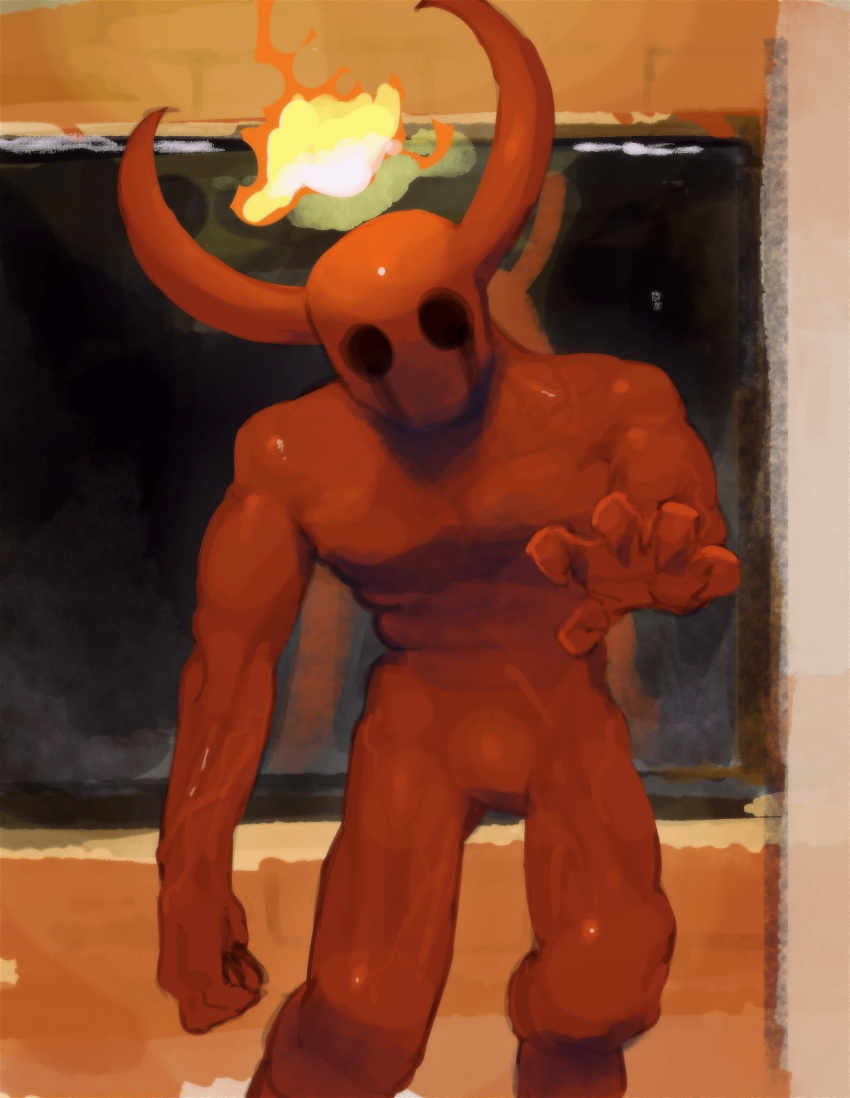 2023 absurd_res biped black_eyes demon demon_humanoid digital_media_(artwork) featureless_crotch fire glistening glistening_body glistening_skin hi_res horn humanoid inside kogito looking_at_viewer male not_furry nude pose red_body red_skin solo specimen_11 spooky's_jump_scare_mansion