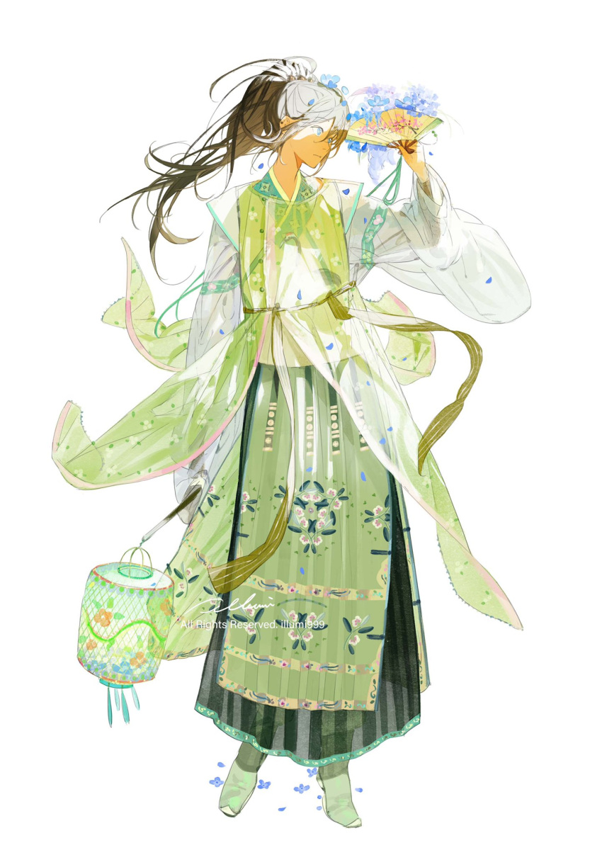 1boy blue_eyes blue_flower brown_hair earrings flower hand_fan highres holding holding_fan illumi999 jewelry korean_clothes lamp long_hair long_sleeves looking_to_the_side original patterned_clothing petals ponytail shoes simple_background solo standing traditional_clothes white_background