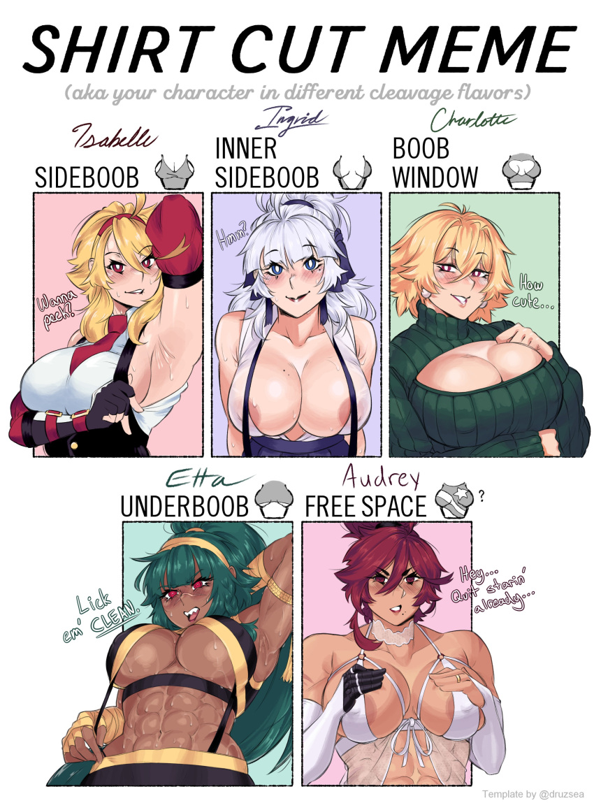 ... 5girls ? abs absurdres armpits blonde_hair blue_eyes breasts character_name cleavage dark-skinned_female dark_skin detached_sleeves english_commentary english_text fingerless_gloves gloves green_hair highres isabongos large_breasts looking_at_viewer multiple_drawing_challenge multiple_girls muscular muscular_female navel open_mouth original red_eyes red_hair shirt_cut_meme short_hair sideboob smile sweater teeth tongue