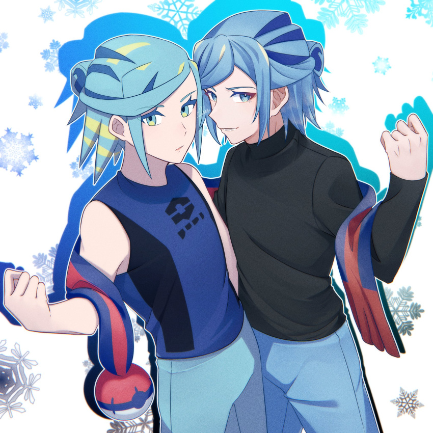 2boys aqua_eyes black_shirt blue_pants blue_shirt clenched_hand closed_mouth commentary_request eyelashes green_hair green_pants grusha_(pokemon) hair_bun hand_up highres male_focus mocacoffee_1001 multiple_boys outline pants pokemon pokemon_(game) pokemon_sv scarf shirt sleeveless sleeveless_shirt smile snowflakes striped striped_scarf white_background