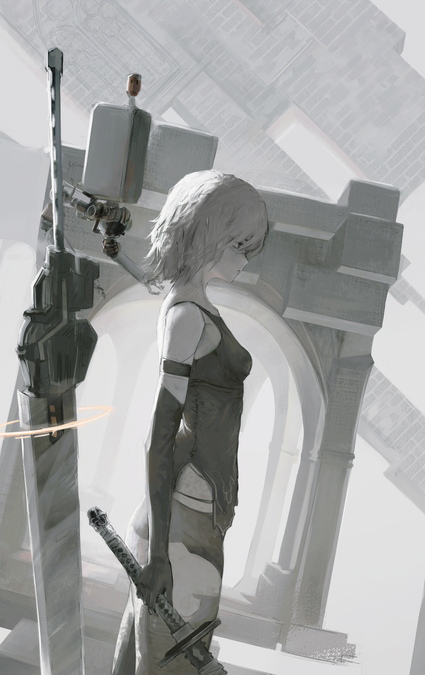 1girl absurdres android bare_shoulders black_gloves breasts elbow_gloves floating floating_object floating_sword floating_weapon gloves highres holding nier:automata nier_(series) nueegochi pod_(nier:automata) sword thighhighs weapon white_hair yorha_type_a_no._2