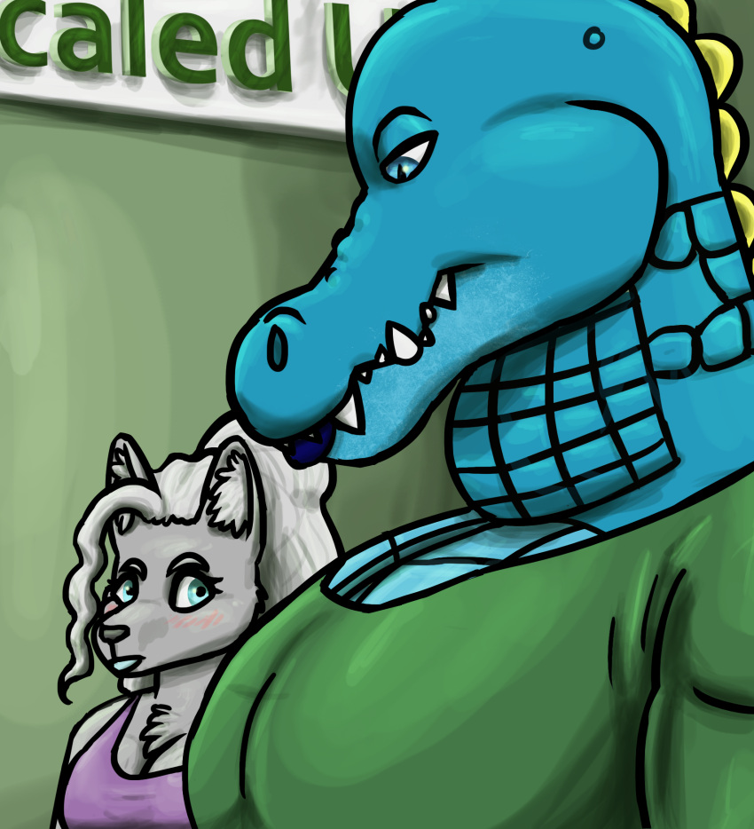 2023 alligator alligatorid anthro azrael_(tertia) azurlligator big_breasts black_nose blue_body blue_eyes blue_lips blue_lipstick blue_scales blush breasts bulging_neck canid canine canis chest_tuft cleavage clothed clothing crocodilian digital_drawing_(artwork) digital_media_(artwork) duo eyebrows eyelashes fangs female female/female fur girl_staring_at_man's_chest green_clothing green_shirt green_topwear green_wall grey_body grey_fur grey_hair hair half-closed_eyes hi_res inner_ear_fluff interspecies large_pecs larger_female lips lipstick looking_at_another looking_at_partner looking_down makeup mammal multicolored_body multicolored_scales muscular muscular_anthro muscular_female narrowed_eyes nathile_tiduna non-mammal_breasts pecs ponytail pupils purple_clothing purple_shirt purple_tank_top purple_topwear reptile scales scalie scutes shirt sign size_difference skywater slit_pupils smaller_female snout tank_top teeth topwear tuft wall_(structure) wavy_hair wolf yellow_scutes