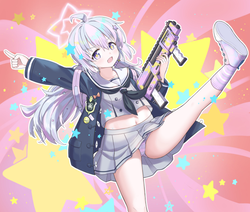 +_+ 1girl :d ahoge arm_up ass backpack bag black_coat blue_archive coat collarbone commentary_request grey_serafuku grey_skirt gun hair_between_eyes hair_bobbles hair_ornament halo highres holding holding_gun holding_weapon index_finger_raised leg_up long_hair long_sleeves looking_at_viewer low_twintails multicolored_hair navel open_clothes open_coat panties pleated_skirt pointing pointing_up purple_eyes purple_hair reisa_(blue_archive) school_uniform serafuku sidelocks simple_background skirt smile solo standard_manufacturing_dp-12 standing standing_on_one_leg star_(symbol) star_hair_ornament starry_background stomach striped striped_panties striped_thighhighs thighhighs twintails two-tone_hair underwear weapon wjddn