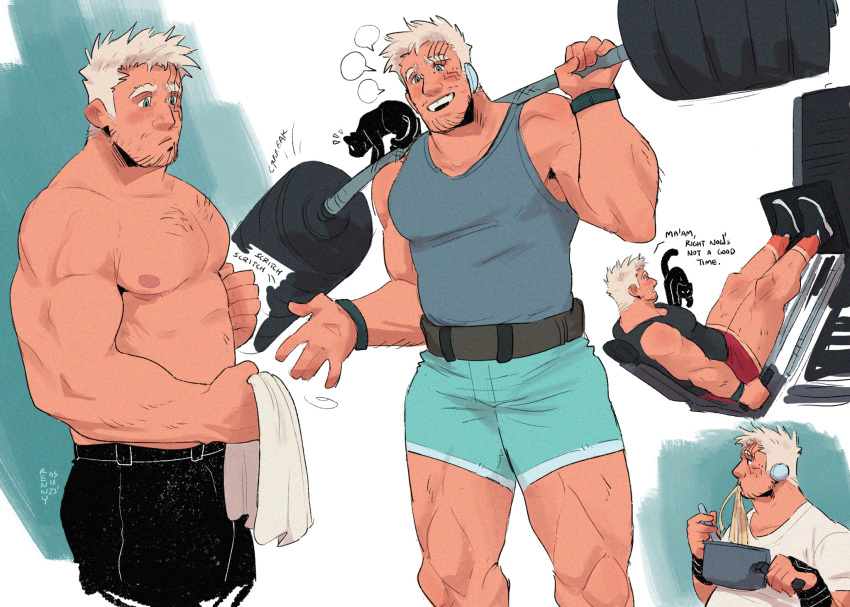 1boy alternate_costume animal animal_on_chest bara barbell belly black_tank_top blank_speech_bubble blush collage cropped_legs eating english_text exercise facial_hair food from_side goatee_stubble green_shorts grey_tank_top highres large_pectorals livio_the_doublefang long_sideburns looking_at_viewer male_focus mature_male muscular muscular_male mustache_stubble nipples noodles pectorals plump renny_(renny_rose) scratching_stomach short_hair shorts sideburns sparse_chest_hair sparse_leg_hair sparse_stubble speech_bubble strongman_waist stubble tank_top thick_eyebrows thick_thighs thighs topless_male trigun trigun_maximum weightlifting weightlifting_belt white_hair