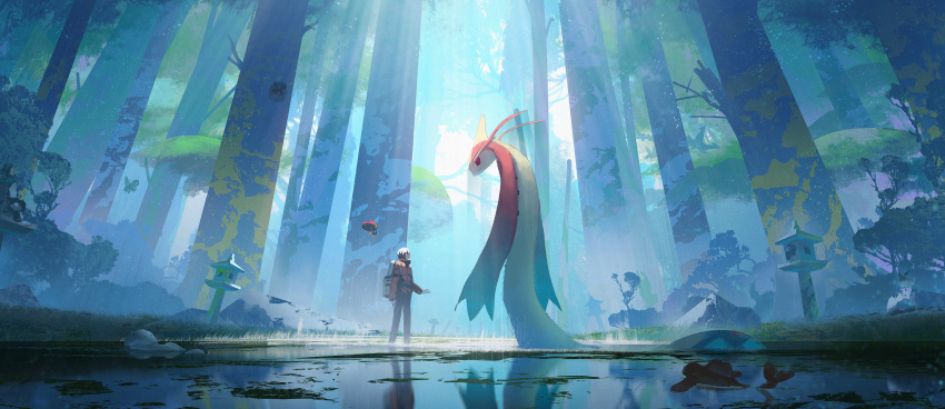 1boy absurdres asteroid_ill backpack bag beautifly black_pants blue_theme brown_hair coat facing_another forest grass highres latias latios light_particles looking_at_another milotic nature orbeetle pants partially_submerged pokemon quagsire reflection scenery short_hair silhouette standing tree water