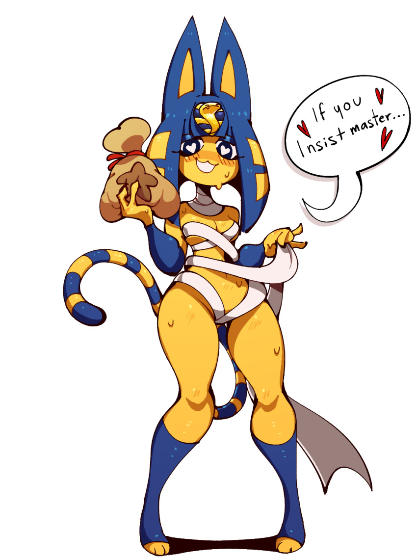 &lt;3 &lt;3_eyes 2021 :3 animal_crossing ankha_(animal_crossing) anthro bells_(animal_crossing) blue_hair blush bob_cut bodily_fluids clothing dialogue domestic_cat eyeshadow felid feline felis female fur hair hi_res kaziedell long_hair looking_at_viewer makeup mammal money_bag nintendo open_mouth simple_background smile solo sweat thick_thighs undressing uraeus white_background wide_hips yellow_body yellow_fur