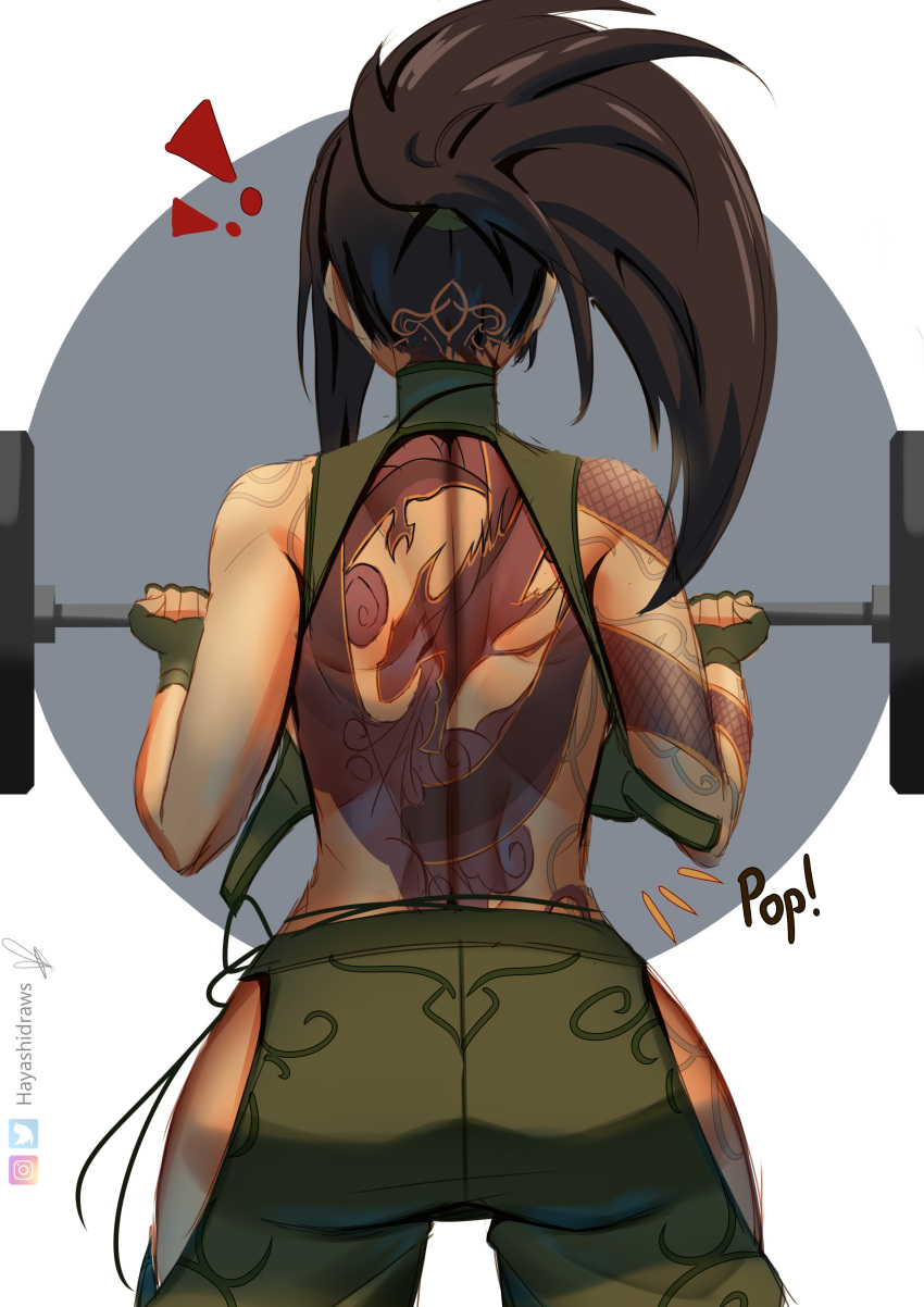 ! !! 1girl absurdres akali arm_tattoo artist_name ass back_tattoo backless_shirt black_hair english_commentary exercise fingerless_gloves from_behind gloves green_gloves hayashidraws highres hip_vent league_of_legends ninja ponytail shoulder_tattoo simple_background sleeveless solo tattoo weightlifting