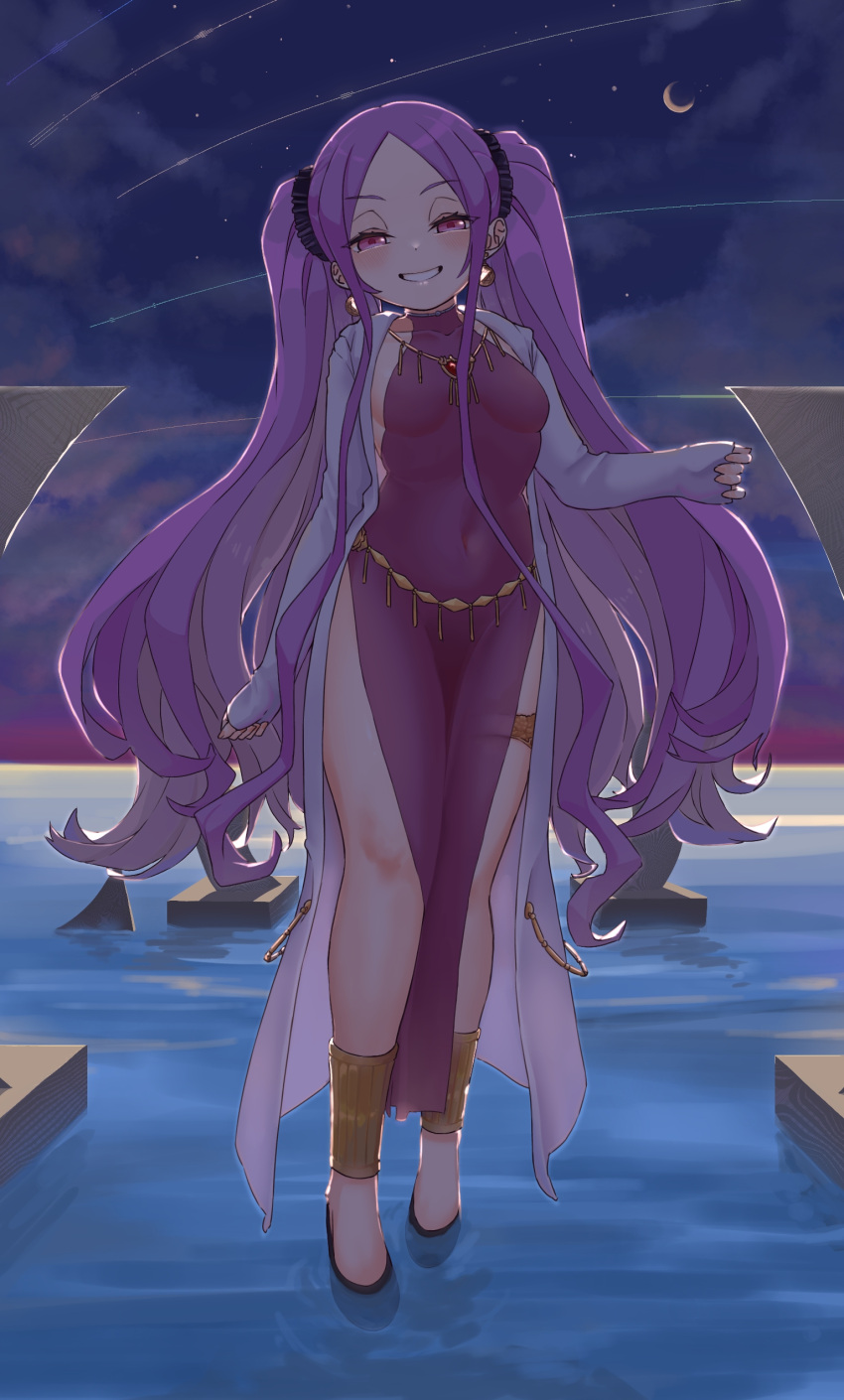1girl absurdres breasts fate/grand_order fate_(series) forehead full_body grin hair_ornament hair_scrunchie highres long_hair looking_at_viewer night night_sky niwaikanai parted_bangs purple_eyes purple_hair scrunchie sidelocks sky small_breasts smile solo twintails very_long_hair water wu_zetian_(fate)