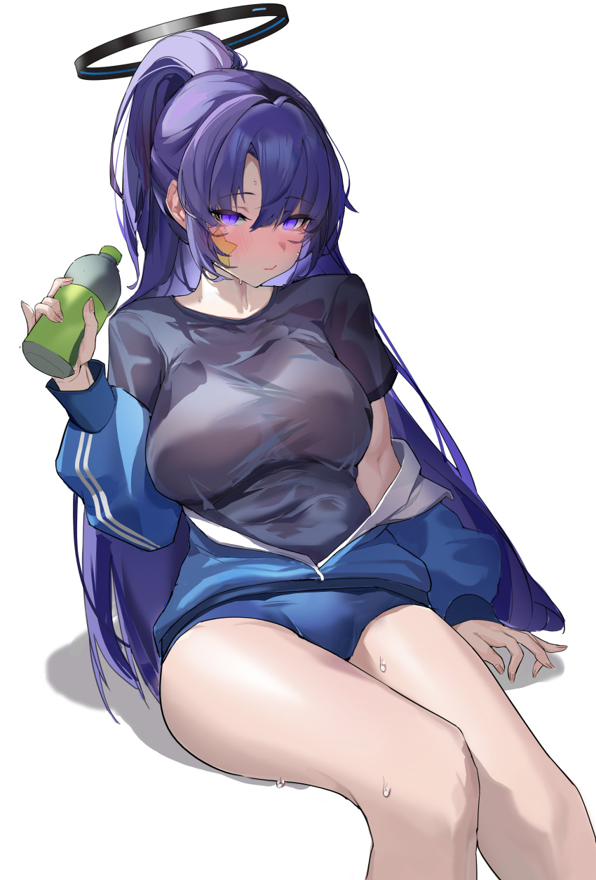 1girl absurdres bangs blue_archive blush bottle breasts buruma gym_uniform halo highres holding holding_bottle jacket large_breasts long_hair looking_at_viewer nose_blush off_shoulder ponytail purple_hair shirt sitting solo star_(symbol) sticker_on_face sweat t-shirt track_jacket very_long_hair wet wet_clothes wet_shirt yunk8553 yuuka_(blue_archive) yuuka_(gym_uniform)_(blue_archive)
