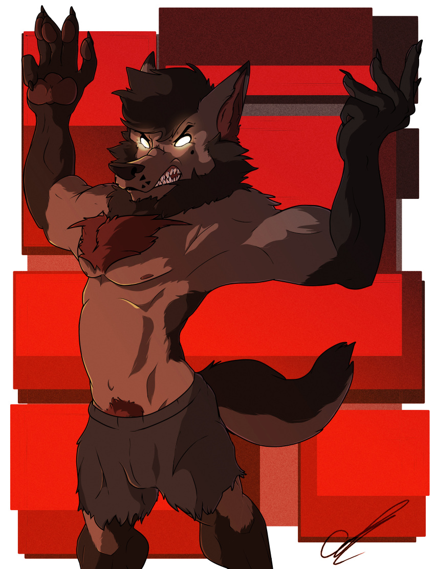 absurd_res anthro big_claws black_body black_fur bottomwear canid canine canis claws clothing depictionexpress fur glowing glowing_eyes grey_body growling hi_res male mammal nipples pubes red_background red_body red_fur shorts simple_background solo solo_focus were werecanid werecanine werewolf