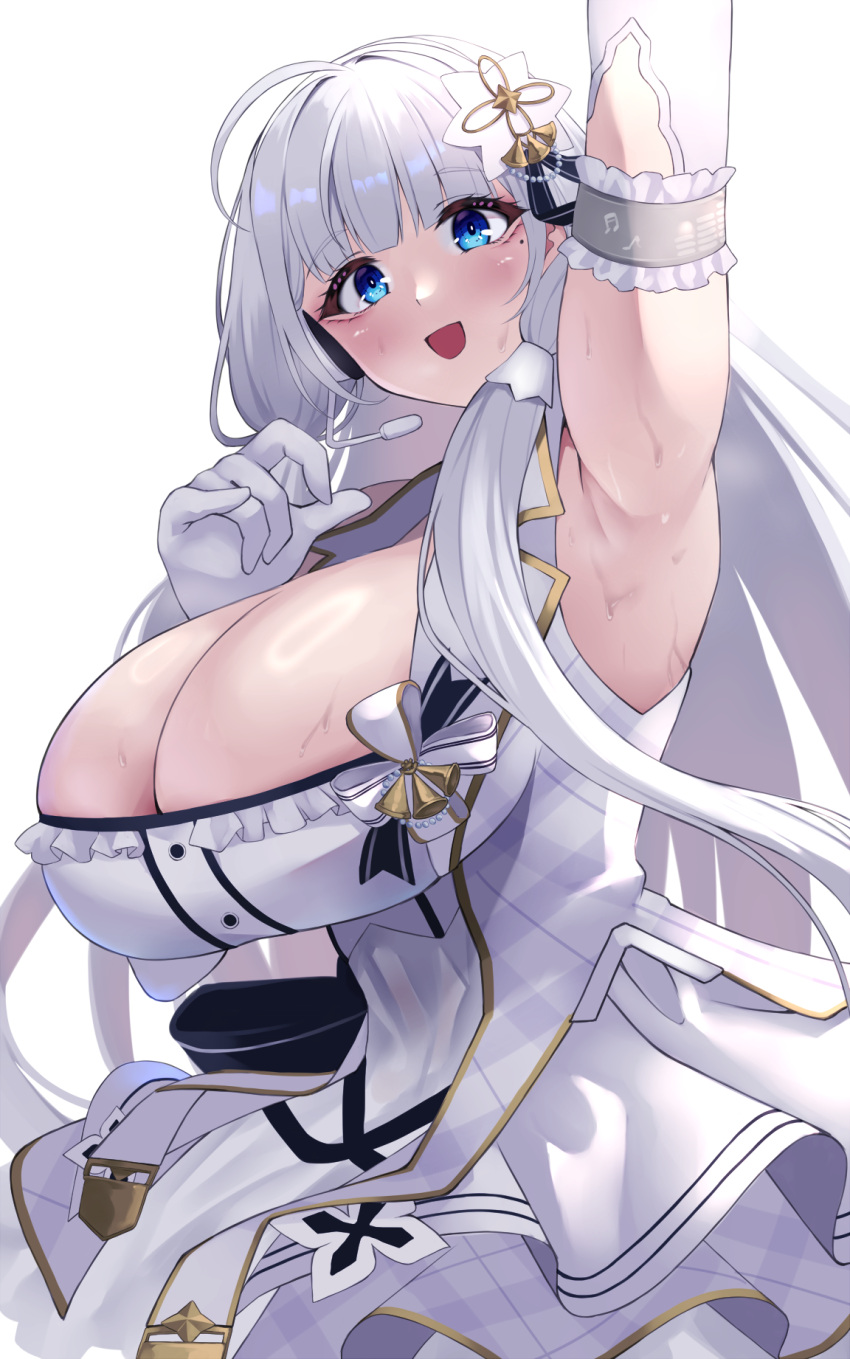 1girl azur_lane bare_shoulders blue_eyes blush breasts cleavage dress gloves highres huge_breasts illustrious_(azur_lane) long_hair looking_at_viewer open_mouth sidelocks smile solo wee_(weeyy) white_dress white_gloves white_hair