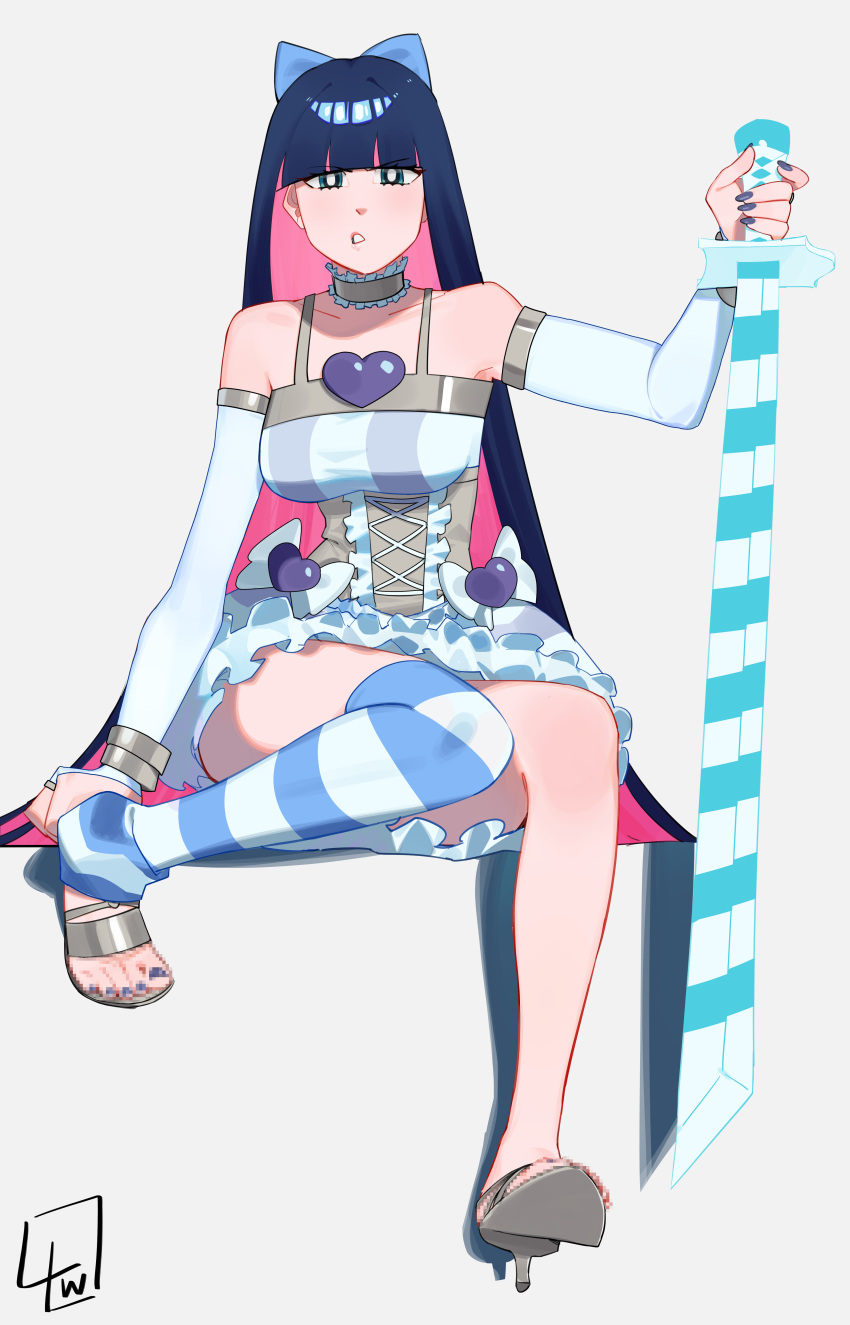 1girl absurdres alternate_costume blue_bow blue_dress blue_eyes blue_hair blue_nails blunt_bangs bow breasts censored_feet colored_inner_hair detached_leggings detached_sleeves dress feet frilled_dress frills grey_background grey_footwear hair_bow hand_up high_heels highres holding invisible_chair knees_together_feet_apart l4wless legs long_hair looking_at_viewer medium_breasts multicolored_hair nail_polish panty_&amp;_stocking_with_garterbelt sandals short_dress signature simple_background single_bare_leg single_thighhigh sitting solo stocking_(psg) striped striped_thighhighs sword thighhighs toenail_polish toenails toes weapon white_sleeves