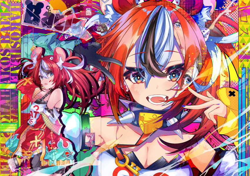 1girl absurdres animal_ears blue_eyes breasts cleavage collar detached_sleeves dice_hair_ornament fangs gloves hair_ornament hakos_baelz highres holding holding_paintbrush hololive hololive_english jacket key mouse_ears mouse_girl mouse_tail mr._squeaks_(hakos_baelz) multicolored_hair multicolored_nails paintbrush red_hair red_jacket single_glove spiked_collar spikes strapless streaked_hair tail twintails virtual_youtuber ye_ye_(jasonbee2)