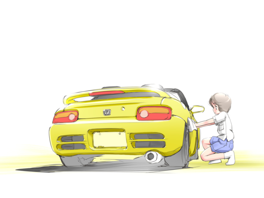 1girl blue_shorts brown_eyes brown_hair car convertible gloves hi_fumiyo highres honda honda_beat motor_vehicle original shirt short_sleeves shorts smile socks solo spoiler_(automobile) sports_car squatting vehicle_focus washing_vehicle white_gloves white_shirt white_socks