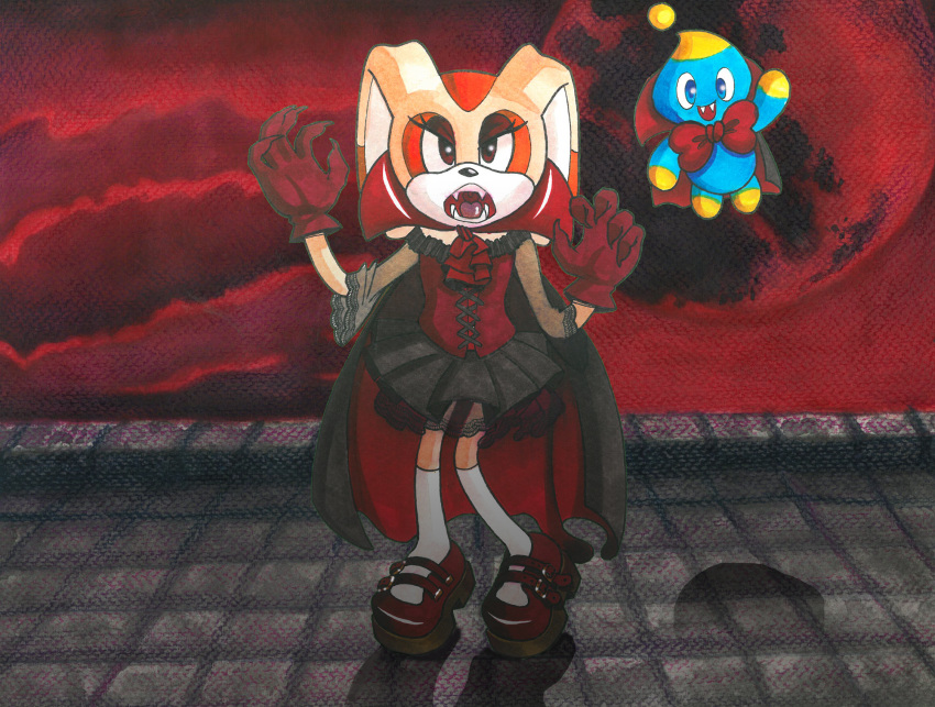animal_humanoid anthro autenticovadito bottomwear bow_accessory chao_(sonic) cheese_the_chao claws clothing cloudscape colored_pencil_(artwork) corset cream_the_rabbit duo fangs female feral footwear gloves handwear hi_res humanoid lace lagomorph lagomorph_humanoid legwear leporid lingerie male male/female mammal mammal_humanoid marker_(artwork) mobian_rabbit moon painting_(artwork) rabbit sega shoes skirt sky sonic_the_hedgehog_(series) stockings teeth topwear traditional_media_(artwork) vampire vampire_costume watercolor_(artwork)