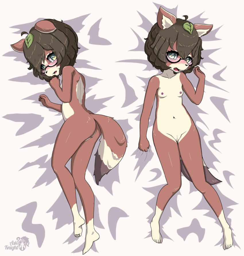 absurd_res anthro askknight bed_sheet bedding blush breasts brown_body brown_fur canid canine digital_media_(artwork) eyewear female fur genitals glasses green_eyes hair hi_res looking_at_viewer mammal momoko_(character) nude open_mouth pillowcase pussy raccoon_dog short_hair simple_background solo tanuki tanuki_leaf young