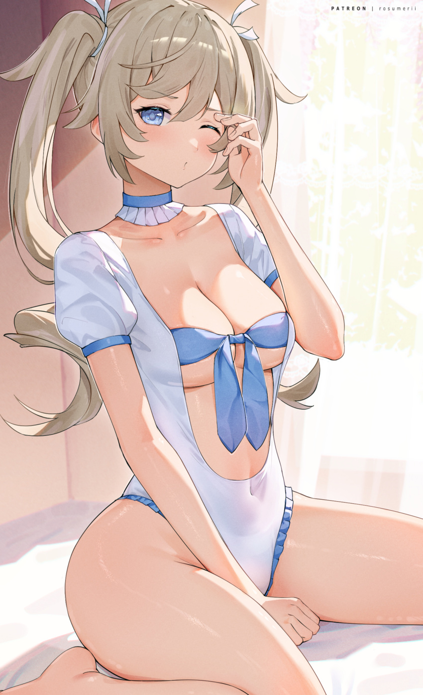 1girl absurdres barbara_(genshin_impact) bikini blonde_hair blue_eyes blush breasts choker covered_navel drill_hair frilled_bikini frills genshin_impact hair_ornament highres large_breasts long_hair looking_at_viewer one-piece_swimsuit one_eye_closed puffy_short_sleeves puffy_sleeves rosumerii short_sleeves solo swimsuit thighs twin_drills twintails