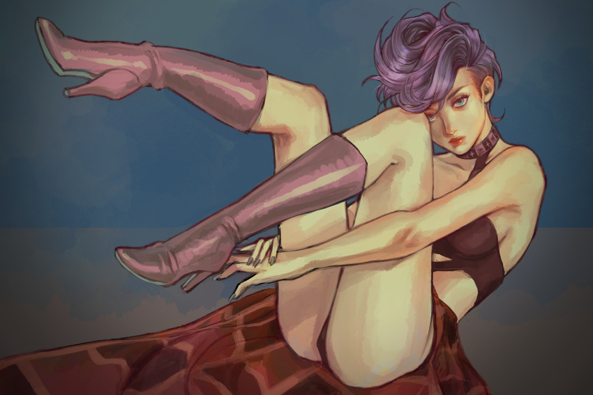 1girl bare_shoulders black_tube_top blue_background blue_eyes boots breasts closed_mouth collarbone full_body grey_nails highres jojo_no_kimyou_na_bouken lips meron_nouka nail_polish pink_footwear pink_hair pink_skirt skirt solo strapless trish_una tube_top vento_aureo