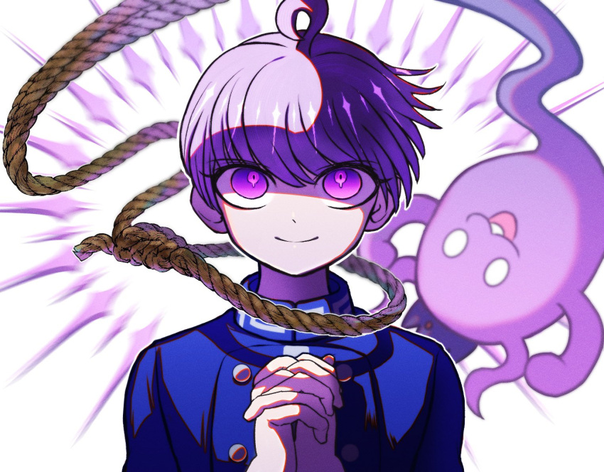 1boy ahoge blue_jacket closed_mouth commentary_request crown ghost hair_between_eyes hands_up interlocked_fingers jacket looking_up male_focus master_detective_archives:_rain_code nodamachi noose open_mouth own_hands_together purple_eyes purple_hair rope rope_around_neck shinigami_(ghost)_(rain_code) shinigami_(rain_code) short_hair smile symbol_in_eye upper_body white_background yuma_kokohead
