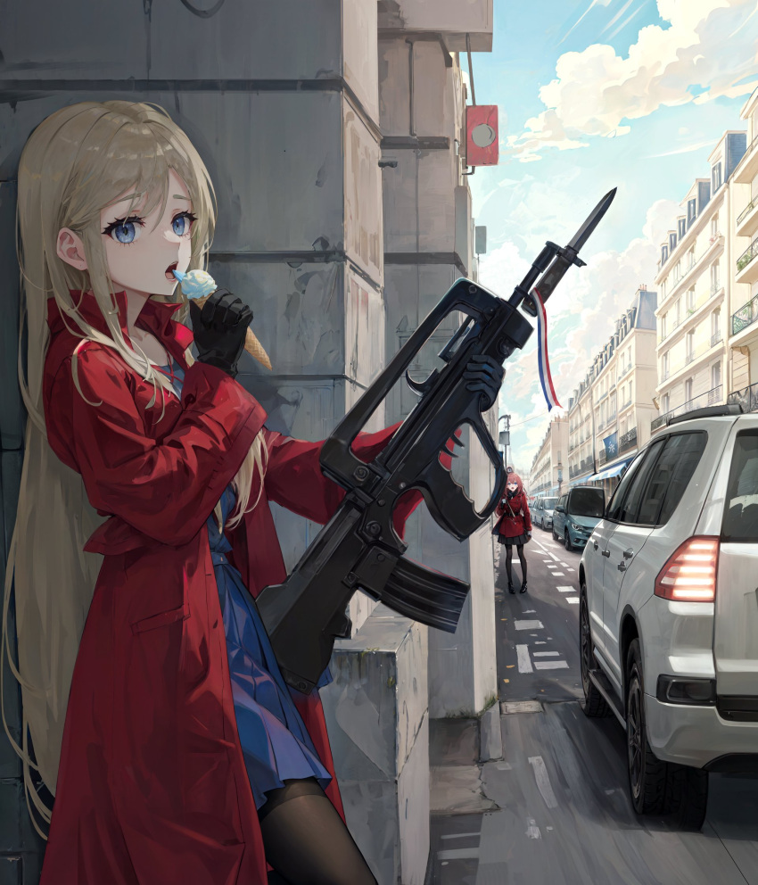 1girl assault_rifle bayonet blonde_hair blue_dress blue_eyes bullpup car coat commentary day dress english_commentary famas famas_(girls'_frontline) food girls'_frontline greyscale gun highres holding holding_food holding_gun holding_ice_cream holding_weapon ice_cream long_hair long_sleeves monochrome motor_vehicle open_clothes open_coat open_mouth outdoors red_coat rifle solo standing takemori_kohoto very_long_hair weapon