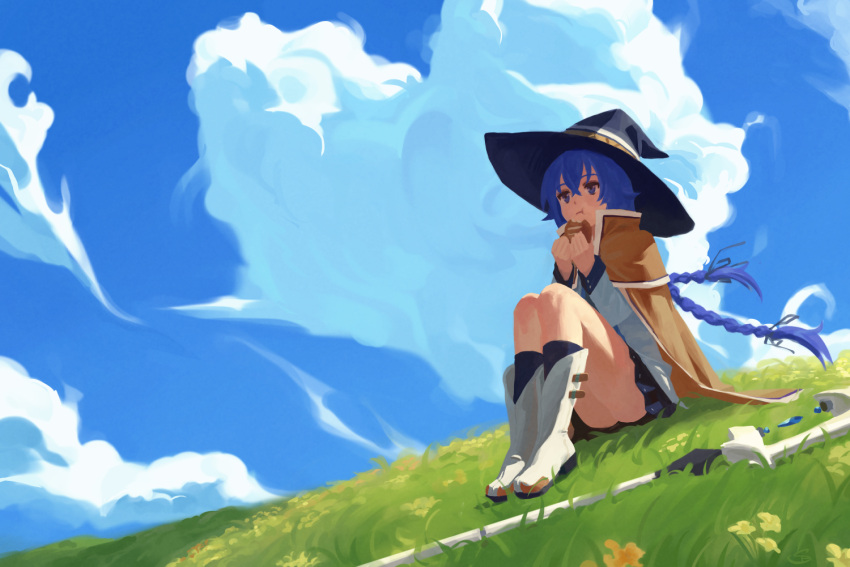 1girl blue_eyes blue_hair boots braid bread_bun cloak closed_mouth cloud cloudy_sky eating food food_in_mouth hat holding holding_food knees_up long_hair long_sleeves mage_staff mushoku_tensei outdoors pleated_skirt roxy_migurdia shirt sitting skirt sky solo some1else45 twin_braids witch_hat
