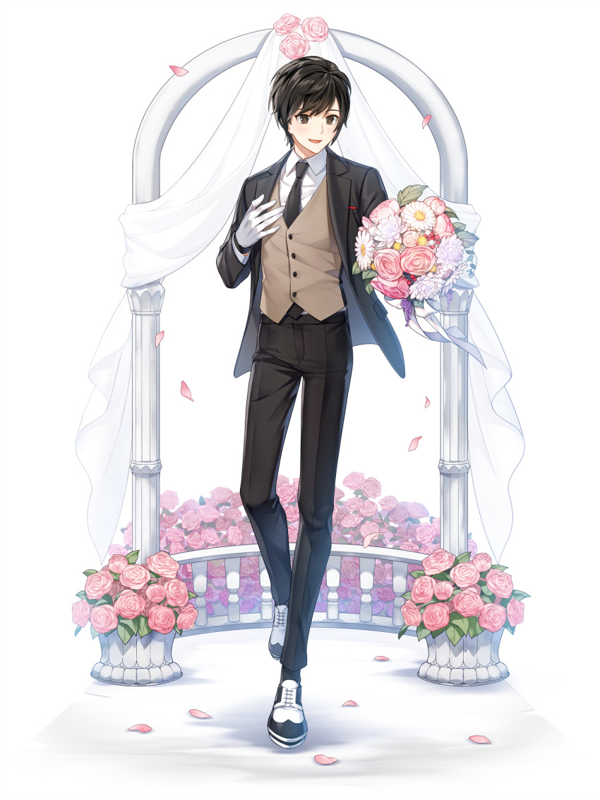 1boy :d arch black_hair black_jacket black_necktie black_pants black_socks blue_eyes blush bouquet brown_vest chrysanthemum closers collared_shirt falling_petals flower full_body gloves hand_on_own_chest hand_up highres holding holding_bouquet jacket looking_at_viewer male_focus necktie official_art outstretched_arm oxfords pants petals pink_flower pink_rose plant potted_plant rose rose_bush seha_lee shirt short_hair smile socks solo suit swept_bangs tachi-e vest walking white_background white_flower white_footwear white_gloves white_shirt