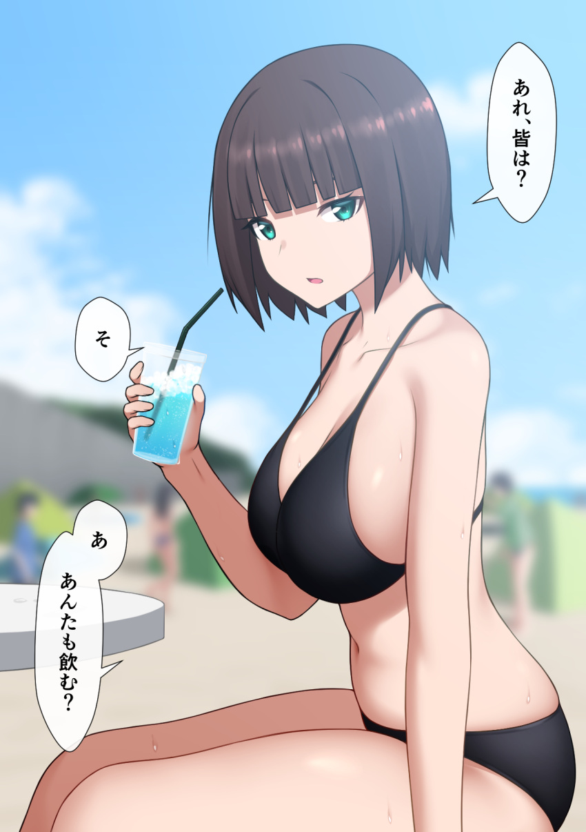 1girl aqua_eyes arm_at_side bare_shoulders beach bikini black_bikini blue_sky blunt_bangs blurry blurry_background bob_cut breasts brown_hair cleavage cloud collarbone commentary_request cup day drink drinking_glass drinking_straw from_side hand_up highres holding holding_cup holding_drink ice ice_cube large_breasts legs_together looking_at_viewer maanii navel open_mouth original outdoors shiny_skin short_hair sidelocks sitting sky solo_focus speech_bubble stomach sweat swimsuit table talking thighs translation_request variant_set