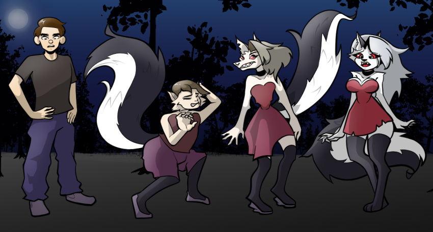 anthro big_breasts black_body black_fur breast_growth breasts brown_hair canid canid_demon clothed clothing colored demon dress expansion female forest forest_background full_moon fur gender_transformation grey_body grey_fur grey_hair growth hair hair_growth hellhound helluva_boss human long_hair loona_(helluva_boss) male mammal moon mtf_transformation nature nature_background night plant ruthiesweetie sequence solo species_transformation surprised_expression tail tail_growth tf_into_fictional_character thigh_expansion transformation tree white_body white_fur