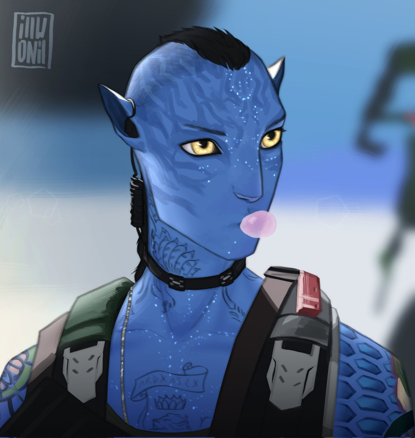 alien alien_humanoid animal_humanoid anthro arm_tattoo blue_body blue_skin bubble_gum chest_tattoo dog_tags eyelashes felid felid_humanoid feline feline_humanoid female headphones headphones_around_neck hi_res humanoid hybrid illwonil_(artist) james_cameron's_avatar mammal mammal_humanoid military_jacket na'vi recombinant_(avatar) solo solo_focus tattoo yellow_eyes zdinarsk